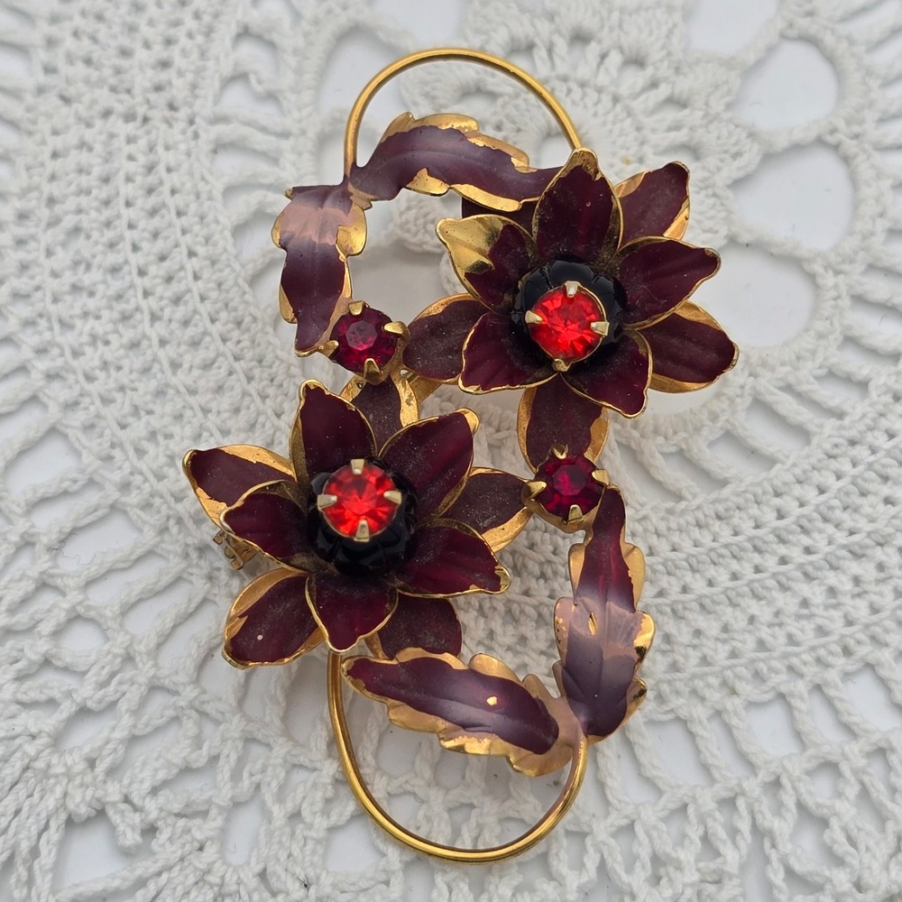 Vintage Enamel Flower Brooch Gold Tone Red Rhinestone Floral Poinsetta Pin
